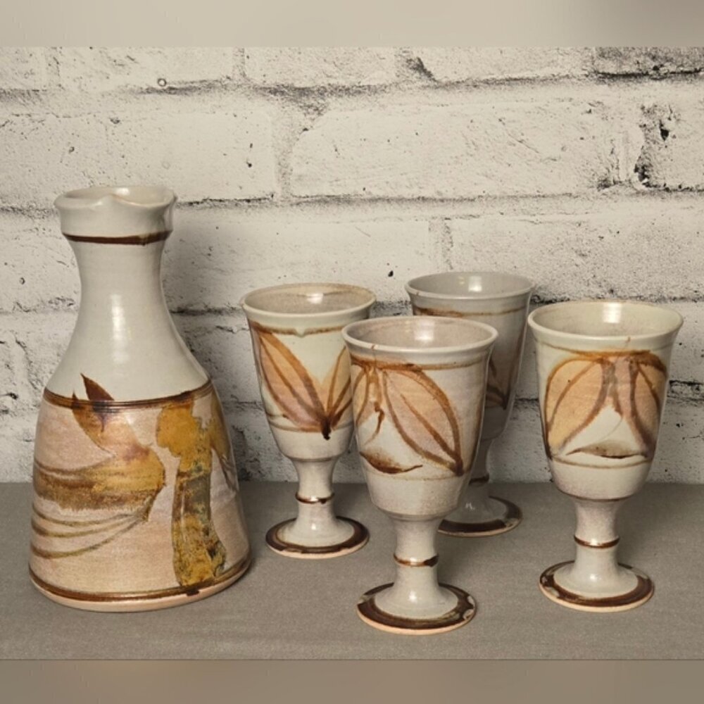 Signed Robin Hopper Studio Pottery Wine Set Canadian Ceramic Decanter + Goblet